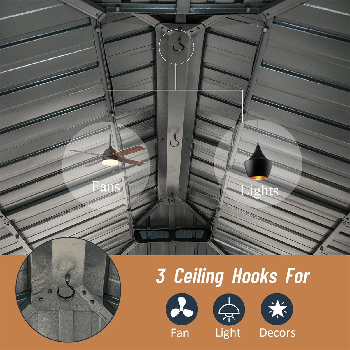 10x12 Aluminum Hardtop Gazebo HouseOfZazla interior double roof, ceiling hooks, fans and lights on Tampa Home & Garden Store