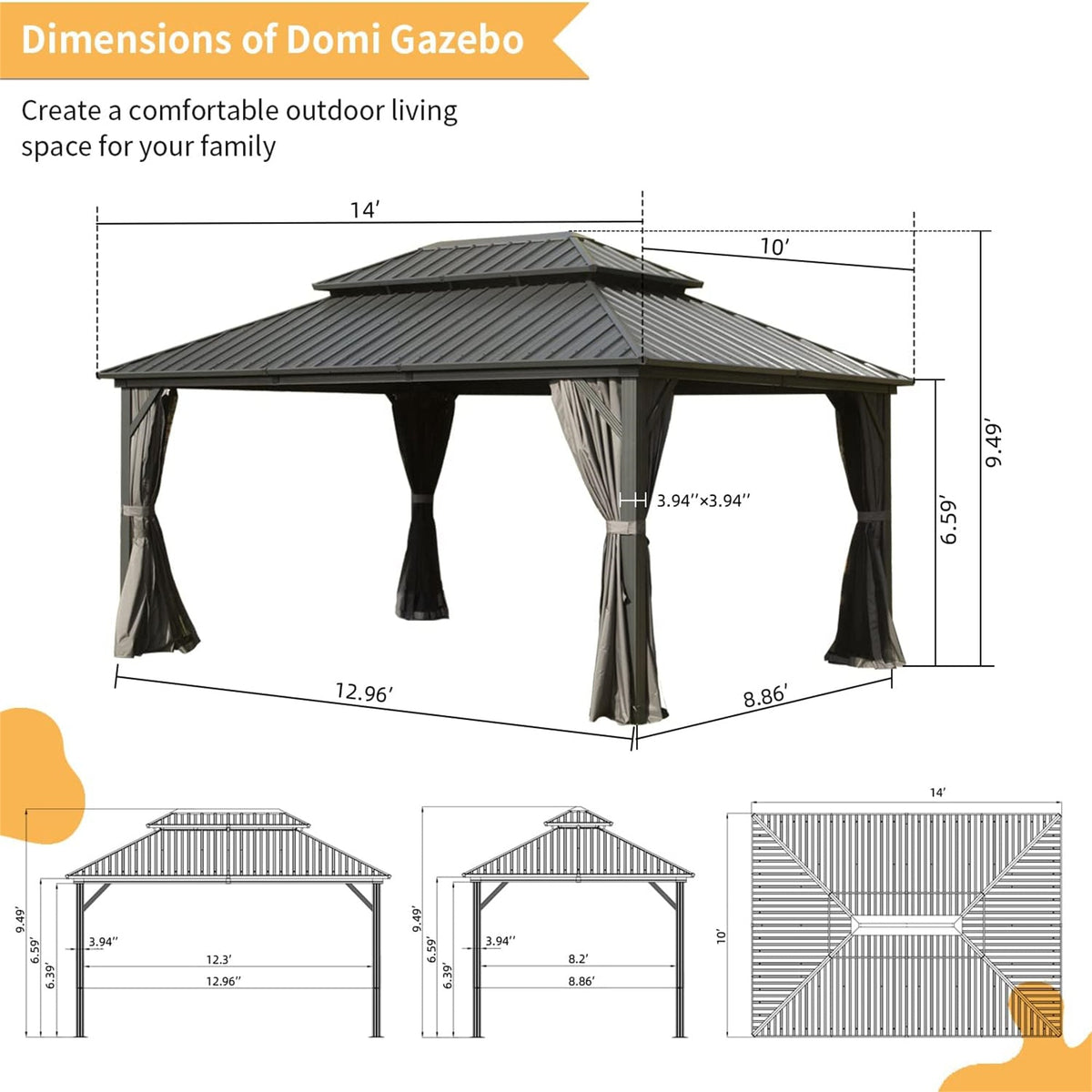 10x14 aluminum hardtop gazebo with steel canopy and draped curtains, dimensioned garden diagram backdrop on Tampa Home & Garden Store