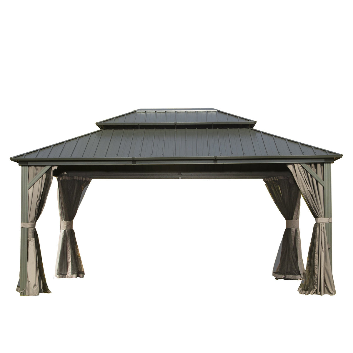 12x16 aluminum hardtop gazebo gray finish by HouseOfZazla with draped curtains on Tampa Home & Garden Store