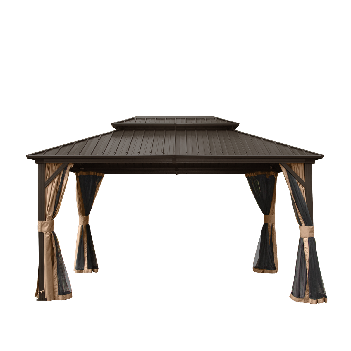 10x12 brown hardtop gazebo with double roof and draped curtains, HouseOfZazla Gazebos on Tampa Home & Garden Store
