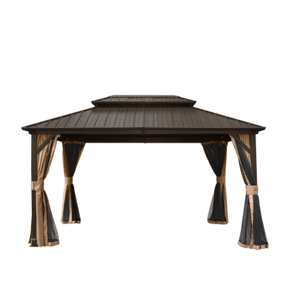 10x12 brown hardtop gazebo with double roof and draped curtains, HouseOfZazla Gazebos on Tampa Home & Garden Store