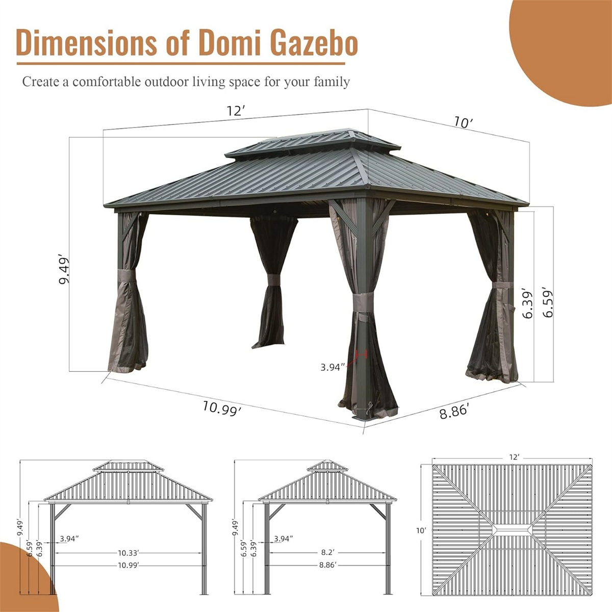 HouseOfZazla 10x12 aluminum hardtop gazebo with double roof and draped curtains on Tampa Home & Garden Store