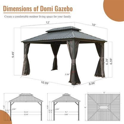 HouseOfZazla 10x12 aluminum hardtop gazebo with double roof and draped curtains on Tampa Home & Garden Store