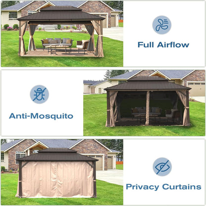 Spacious aluminum hardtop gazebo with double roof and beige curtains on Tampa Home & Garden Store