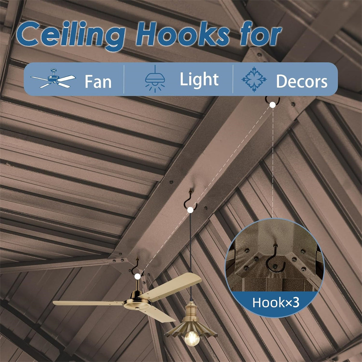 Spacious aluminum hardtop gazebo with Hookx3 ceiling hooks for fan, light, and decor on Tampa Home & Garden Store