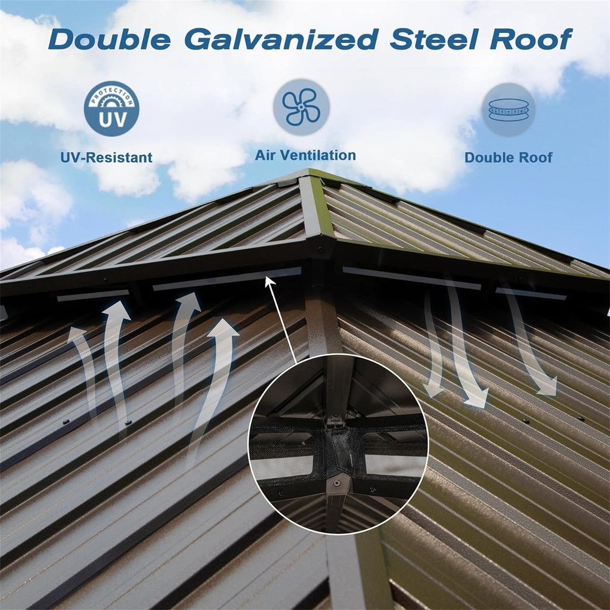 HouseOfZazla spacious aluminum hardtop gazebo with double roof, UV-resistant and ventilated on Tampa Home & Garden Store