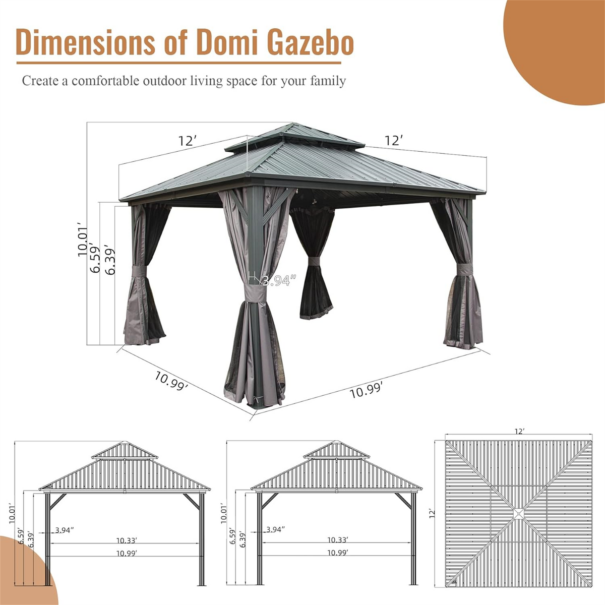 12 Foot Aluminum Hardtop Gazebo for Patio blueprint dimensions Umbrellas & Shades on Tampa Home & Garden Store