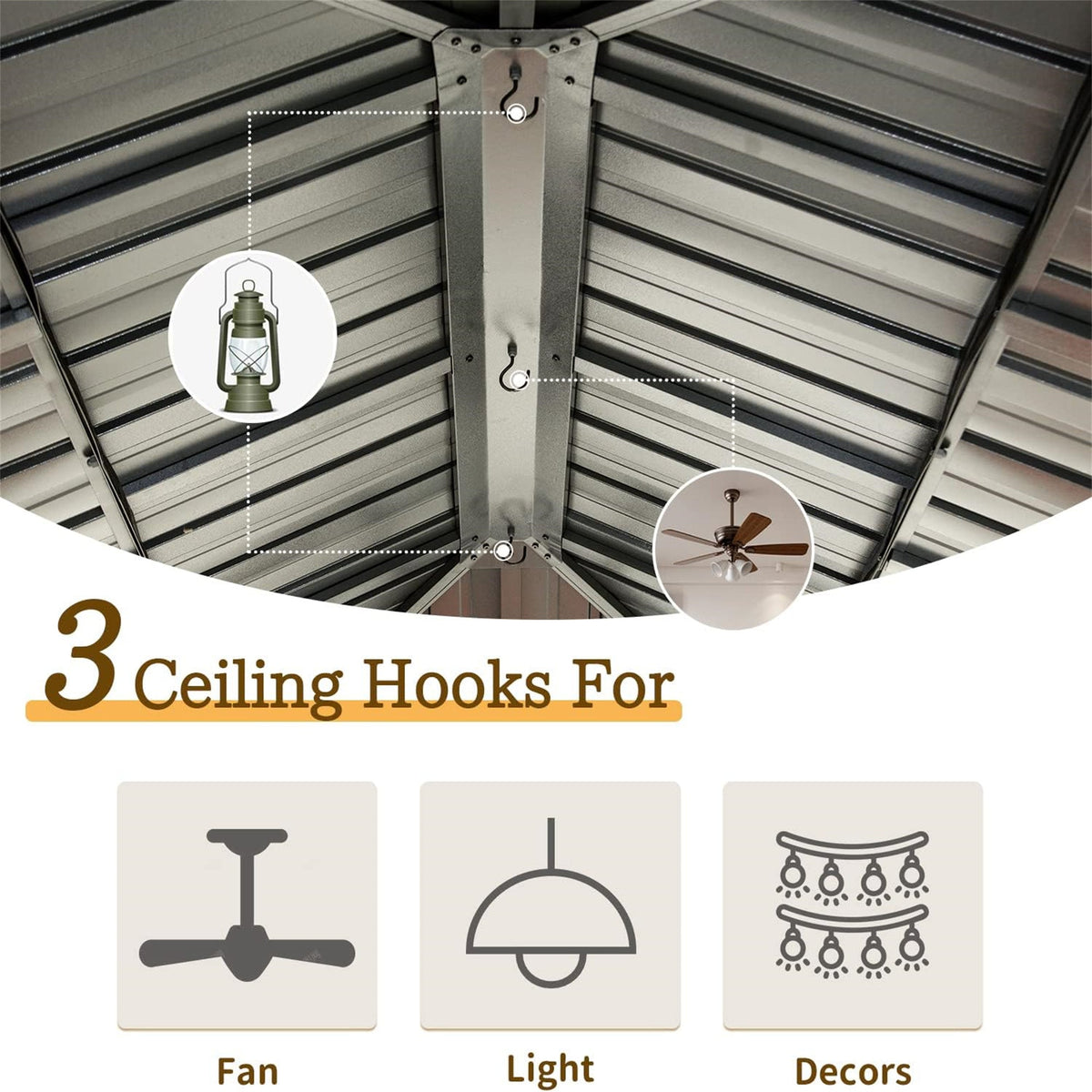 12x16 aluminum hardtop gazebo gray finish interior with central beam and ceiling hooks on Tampa Home & Garden Store