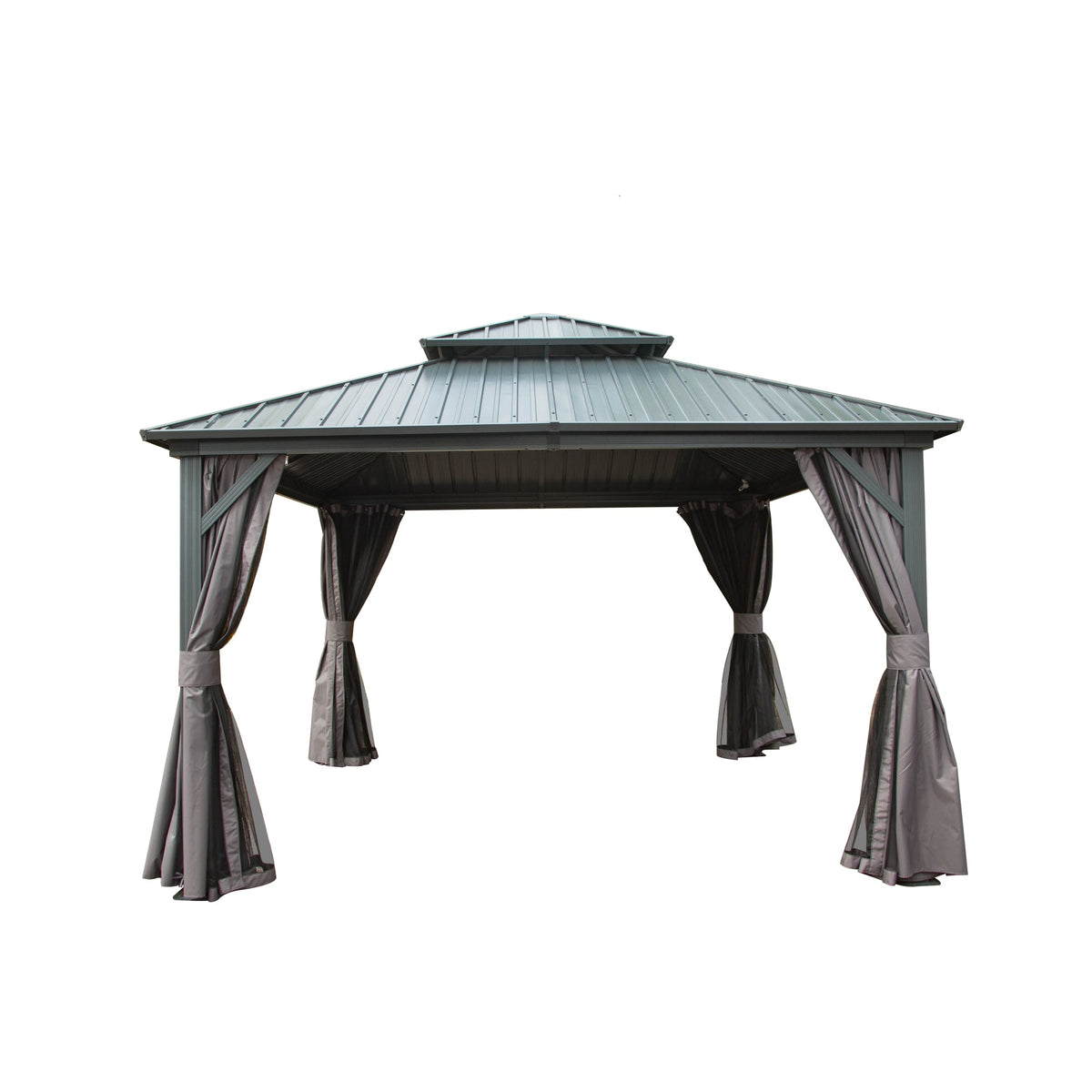 12 Foot aluminum hardtop gazebo for patio with gray metal roof and tied curtains by HouseOfZazla on Tampa Home & Garden Store