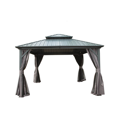 12 Foot aluminum hardtop gazebo for patio with gray metal roof and tied curtains by HouseOfZazla on Tampa Home & Garden Store