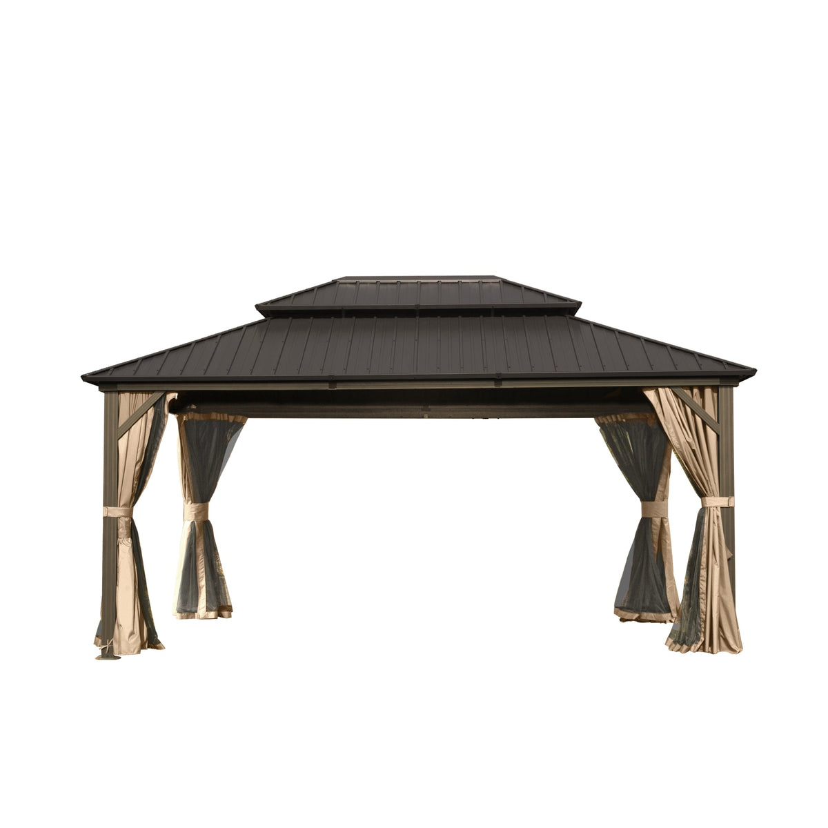Spacious aluminum hardtop gazebo with double roof, charcoal metal and beige drapes, HouseOfZazla on Tampa Home & Garden Store