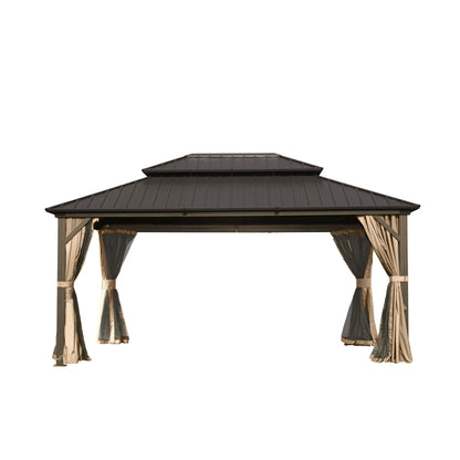 Spacious aluminum hardtop gazebo with double roof, charcoal metal and beige drapes, HouseOfZazla on Tampa Home & Garden Store