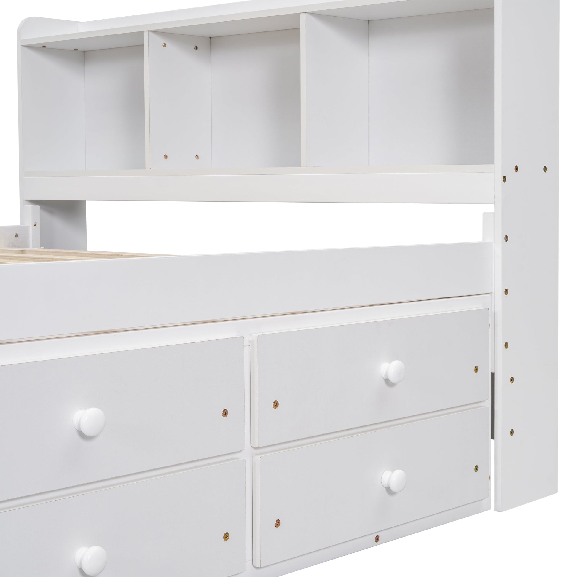 White full bed with bookcase headboard, built-in under-bed drawers and bed-end storage case on Tampa Home & Garden Store