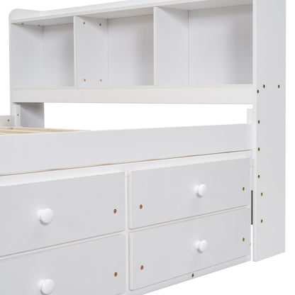 White full bed with bookcase headboard, built-in under-bed drawers and bed-end storage case on Tampa Home & Garden Store