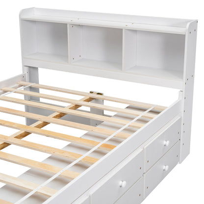 Full bed frame with white finish, bookcase headboard and under-bed storage, wooden slat base on Tampa Home & Garden Store