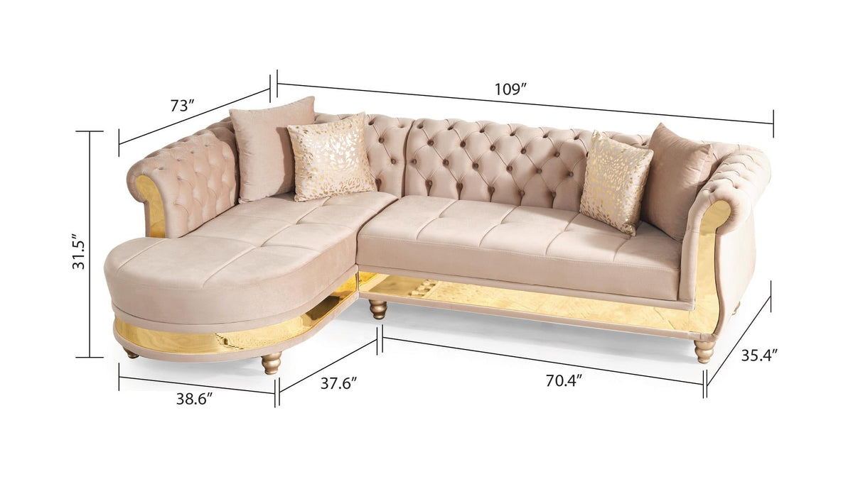 Gold detailed tufted sectional sofa by HouseOfZazla with beige velvet upholstery and gold base on Tampa Home & Garden Store