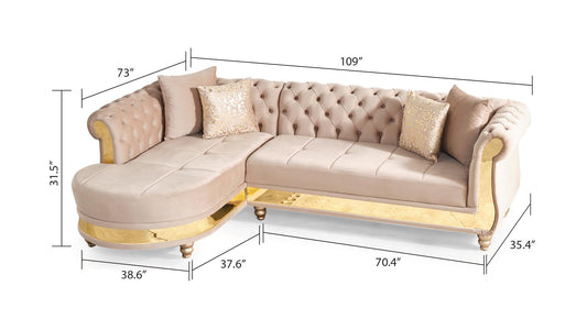 Gold detailed tufted sectional sofa by HouseOfZazla with beige velvet upholstery and gold base on Tampa Home & Garden Store