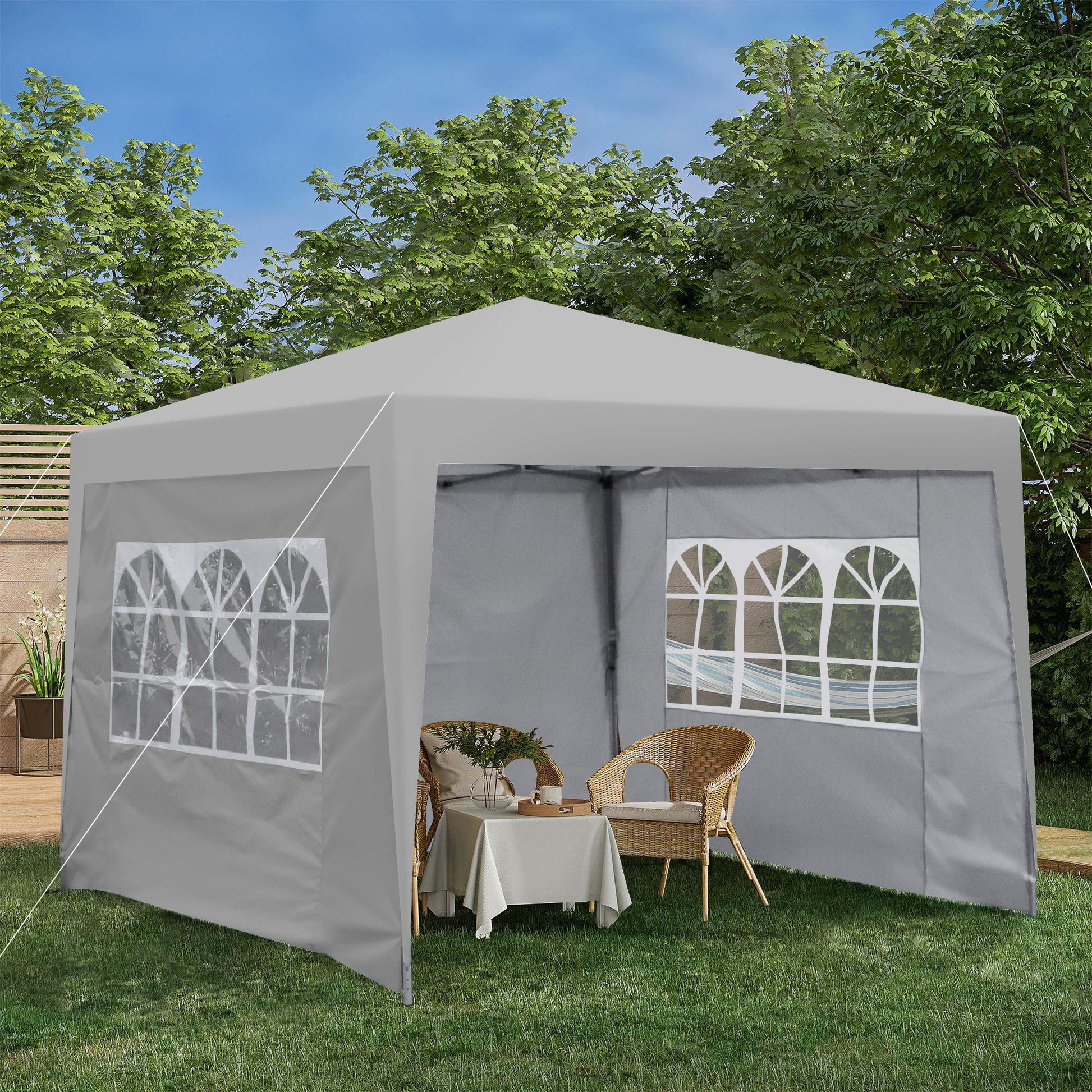 Outdoor 10x10 ft pop up gazebo canopy tent HouseOfZazla gray with window panels and seating on Tampa Home & Garden Store