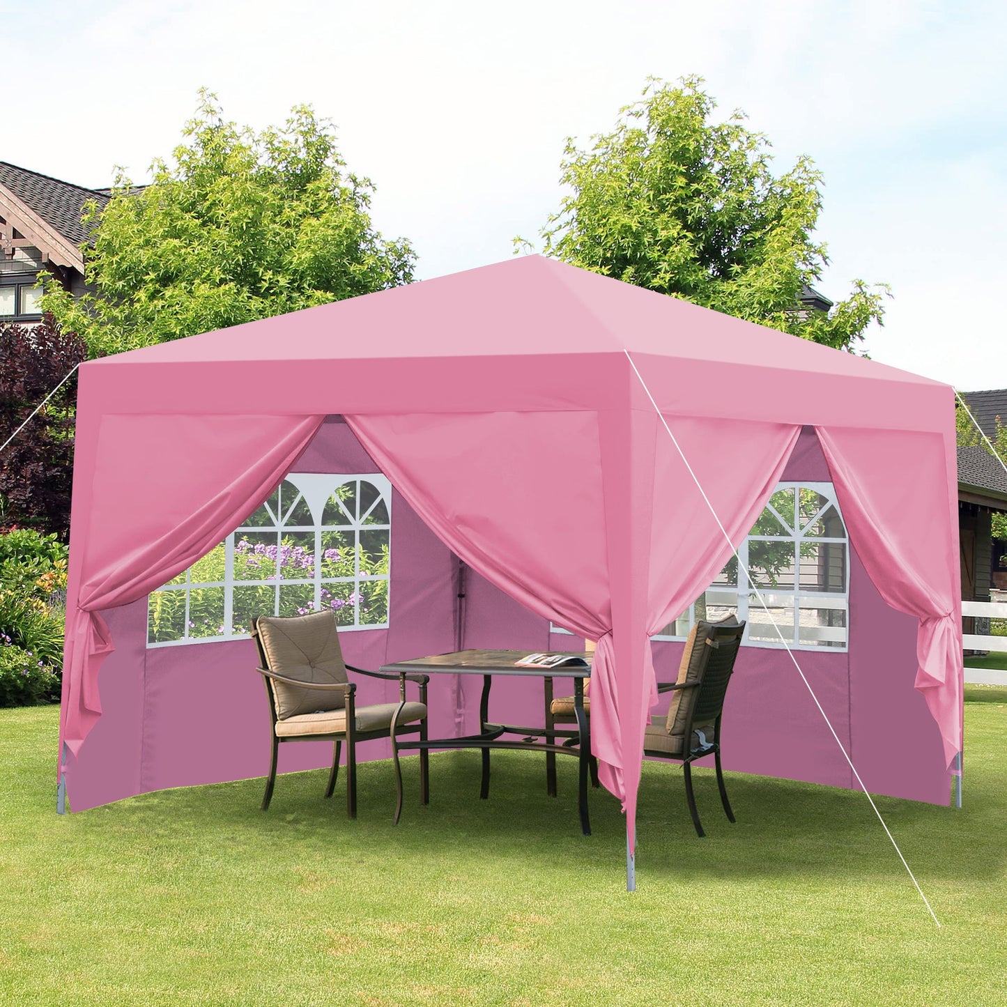 pink 10x10ft outdoor pop up gazebo canopy by HouseOfZazla with draped curtains in backyard setup on Tampa Home & Garden Store