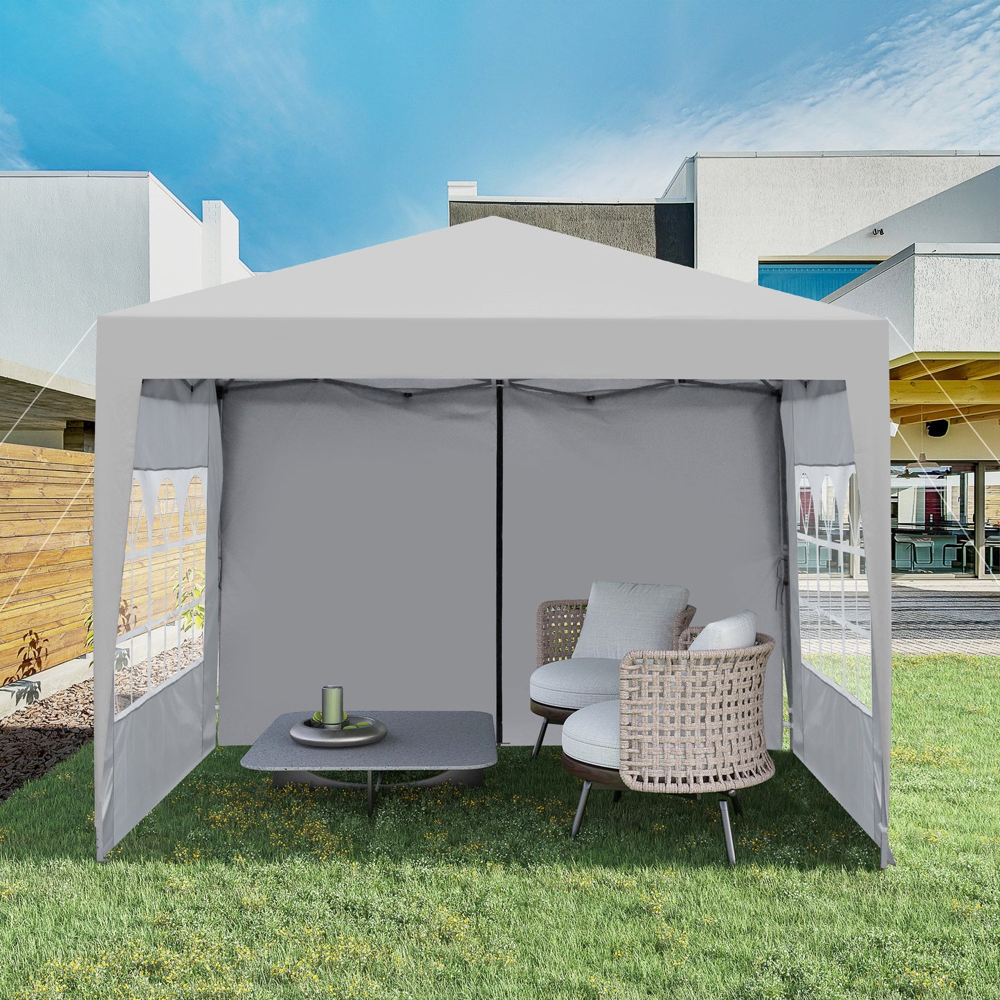 Outdoor 10x10 ft pop up gazebo canopy by HouseOfZazla, white with gray side panels on Tampa Home & Garden Store