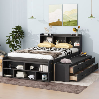 Full bed with bookcase headboard and under-bed drawers in dark gray, bed-end storage on Tampa Home & Garden Store