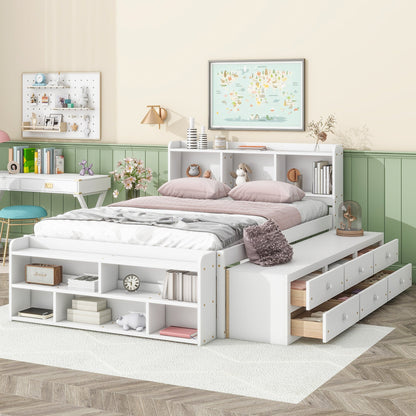 Full bed with bookcase headboard and under-bed drawers with end storage case in white on Tampa Home & Garden Store
