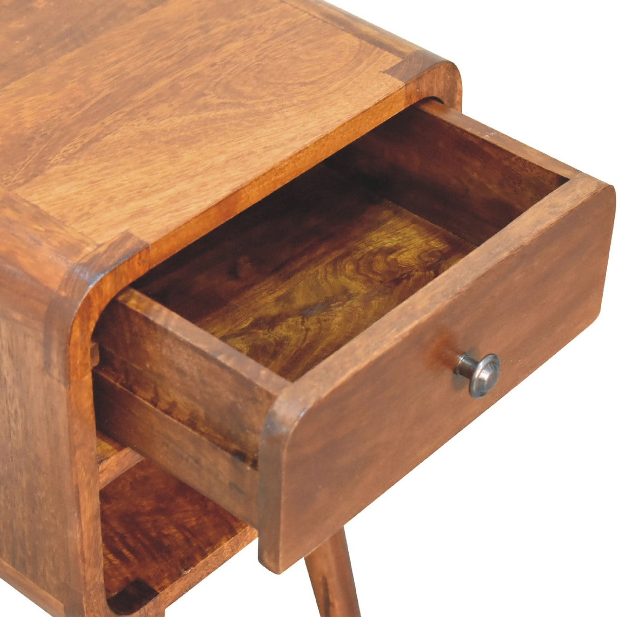 Nightstand solid wood chestnut finish with curved lower profile, single drawer with metal knob on Tampa Home & Garden Store
