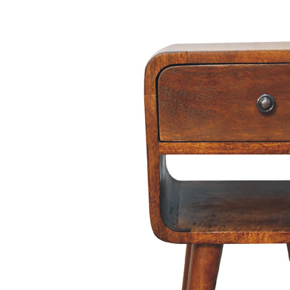 Solid wood mini chestnut curved nightstand with drawer and lower shelf, rounded edges on Tampa Home & Garden Store