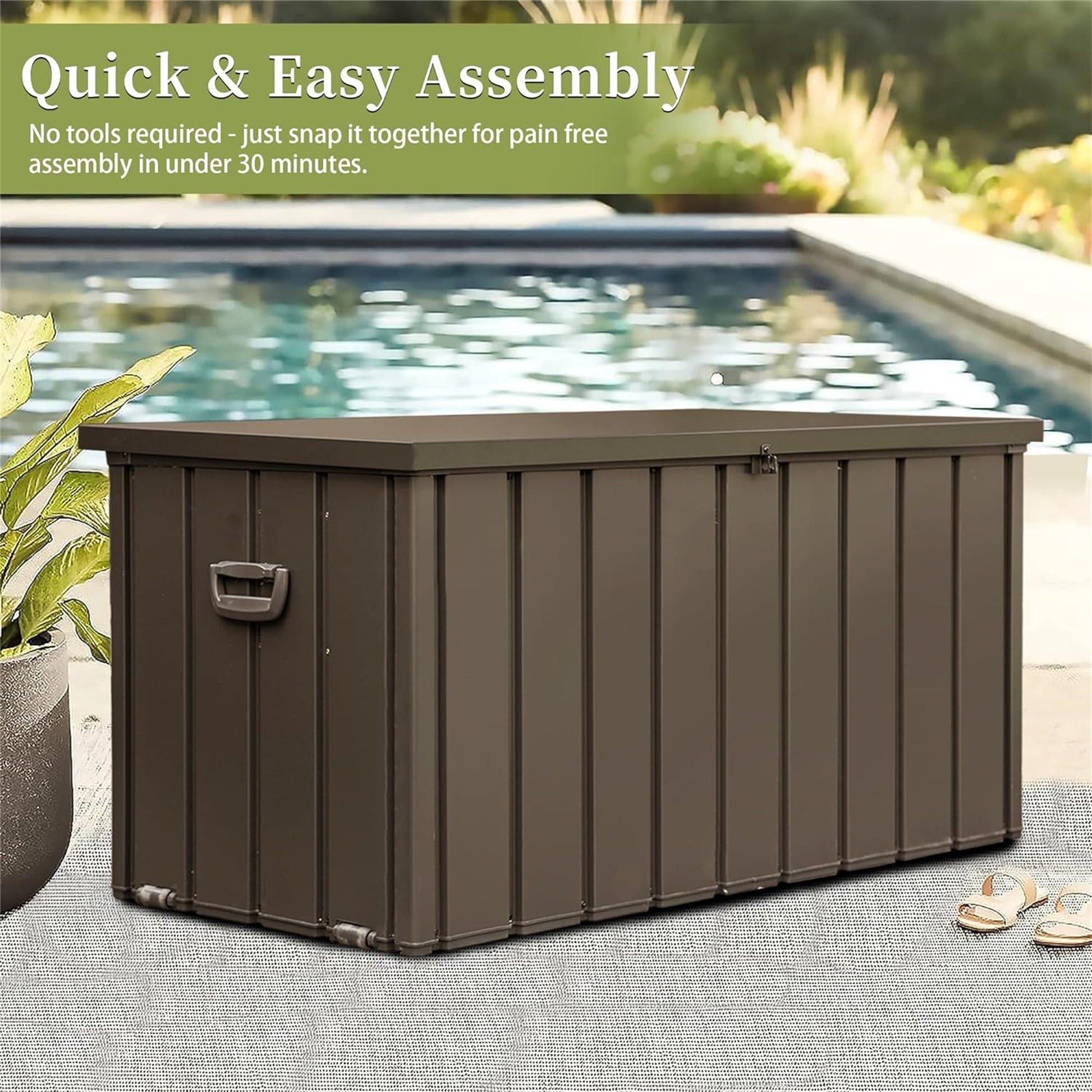 160 Gallon Outdoor Storage Deck Box Waterproof brown plastic with a side handle on Tampa Home & Garden Store