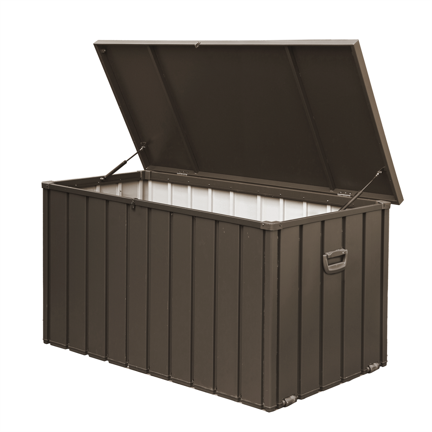 200 Gallon Outdoor Storage Deck Box Dark Brown by HouseOfZazla with lid open on Tampa Home & Garden Store
