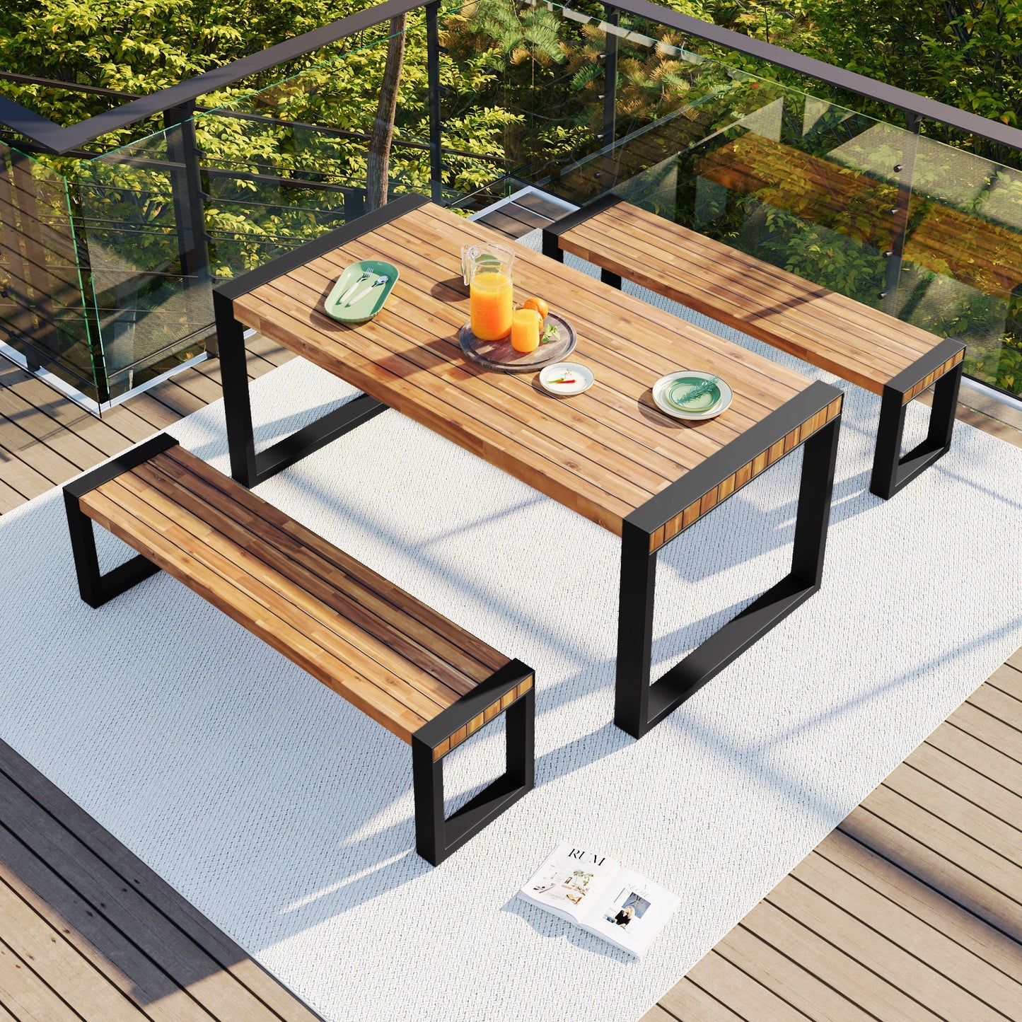 Three Piece Outdoor Dining Set and Two Benches