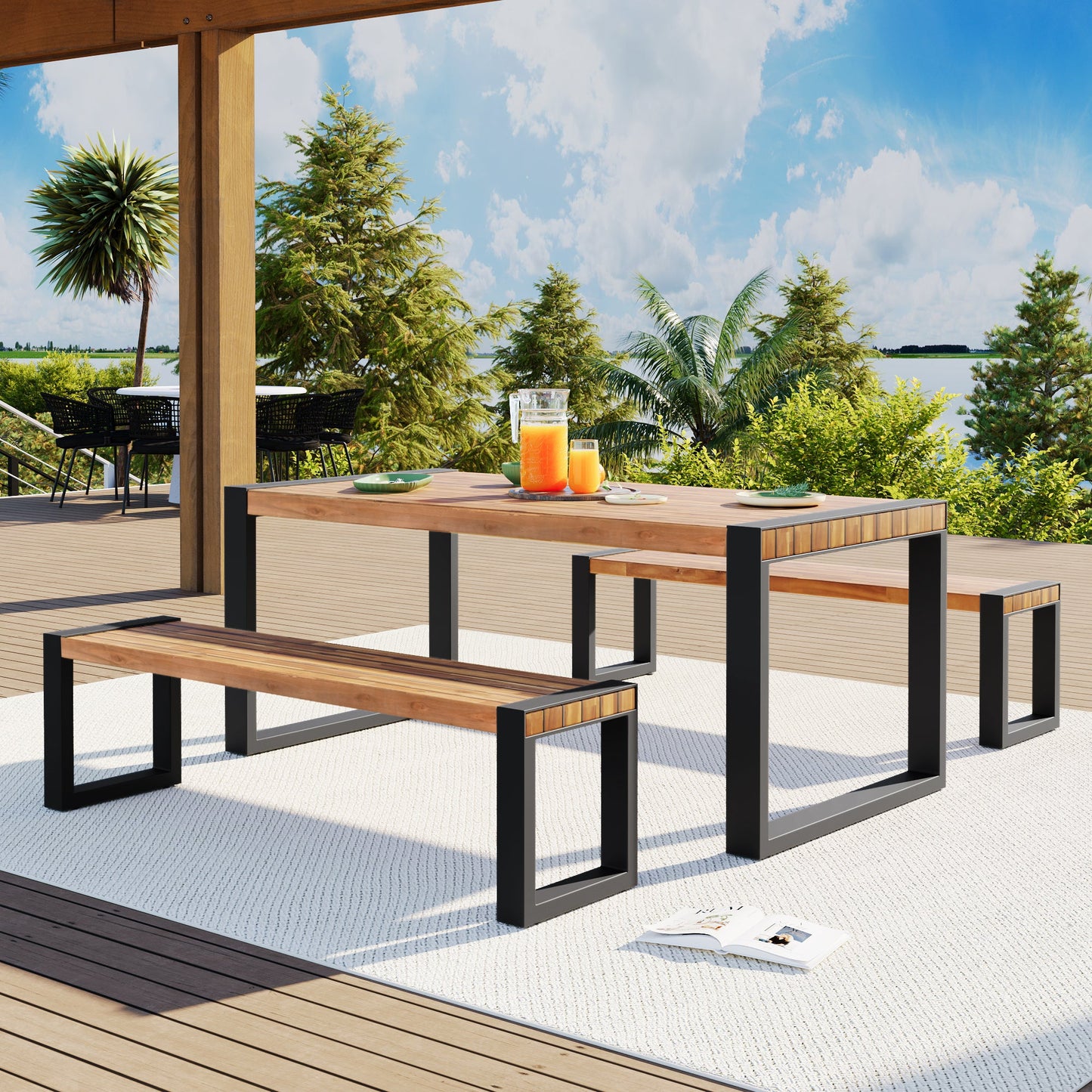 Three Piece Outdoor Dining Set and Two Benches