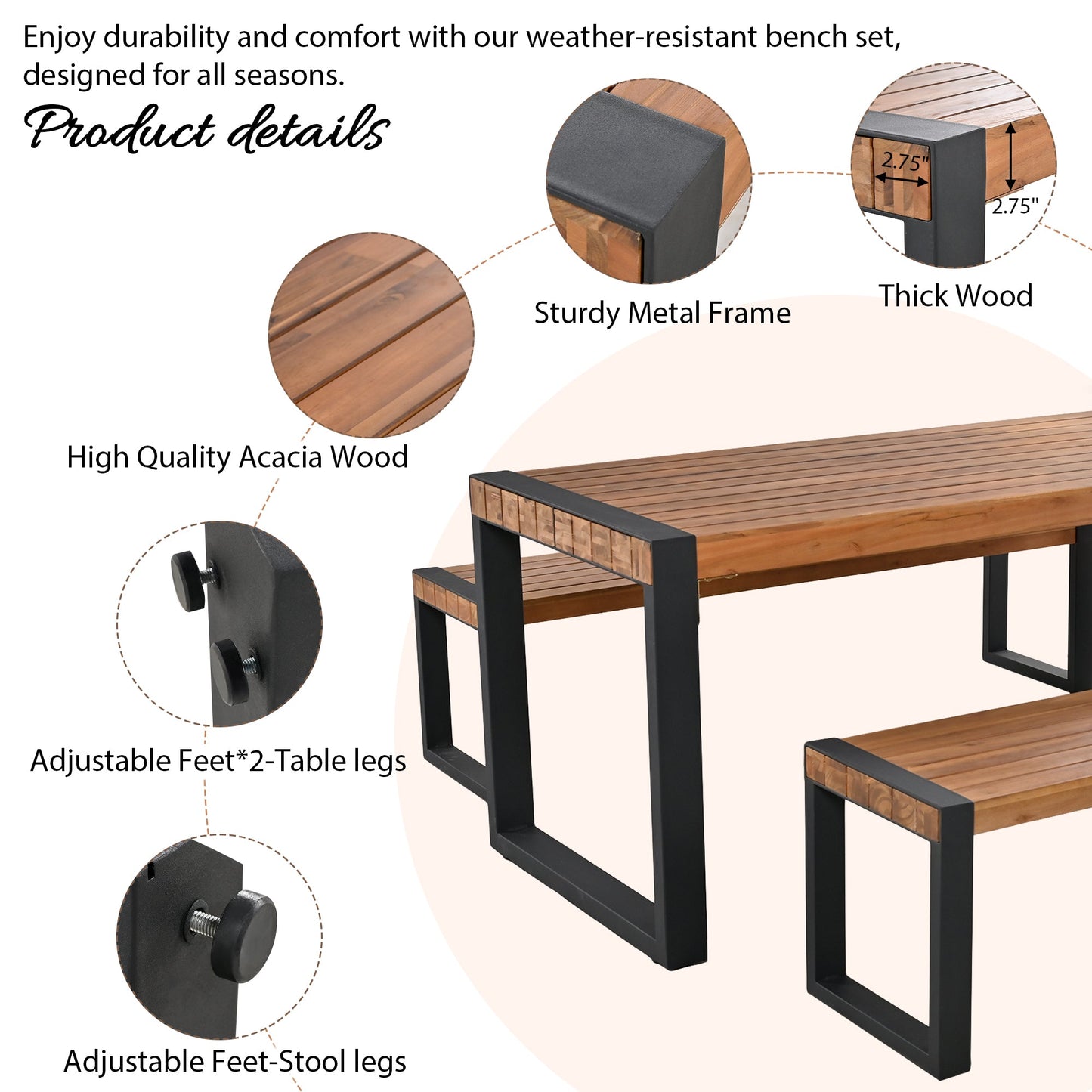 Three Piece Outdoor Dining Set and Two Benches
