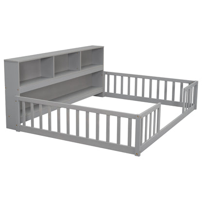 Full floor bed with side bookcase, shelves and guardrails in gray by HouseOfZazla on Tampa Home & Garden Store