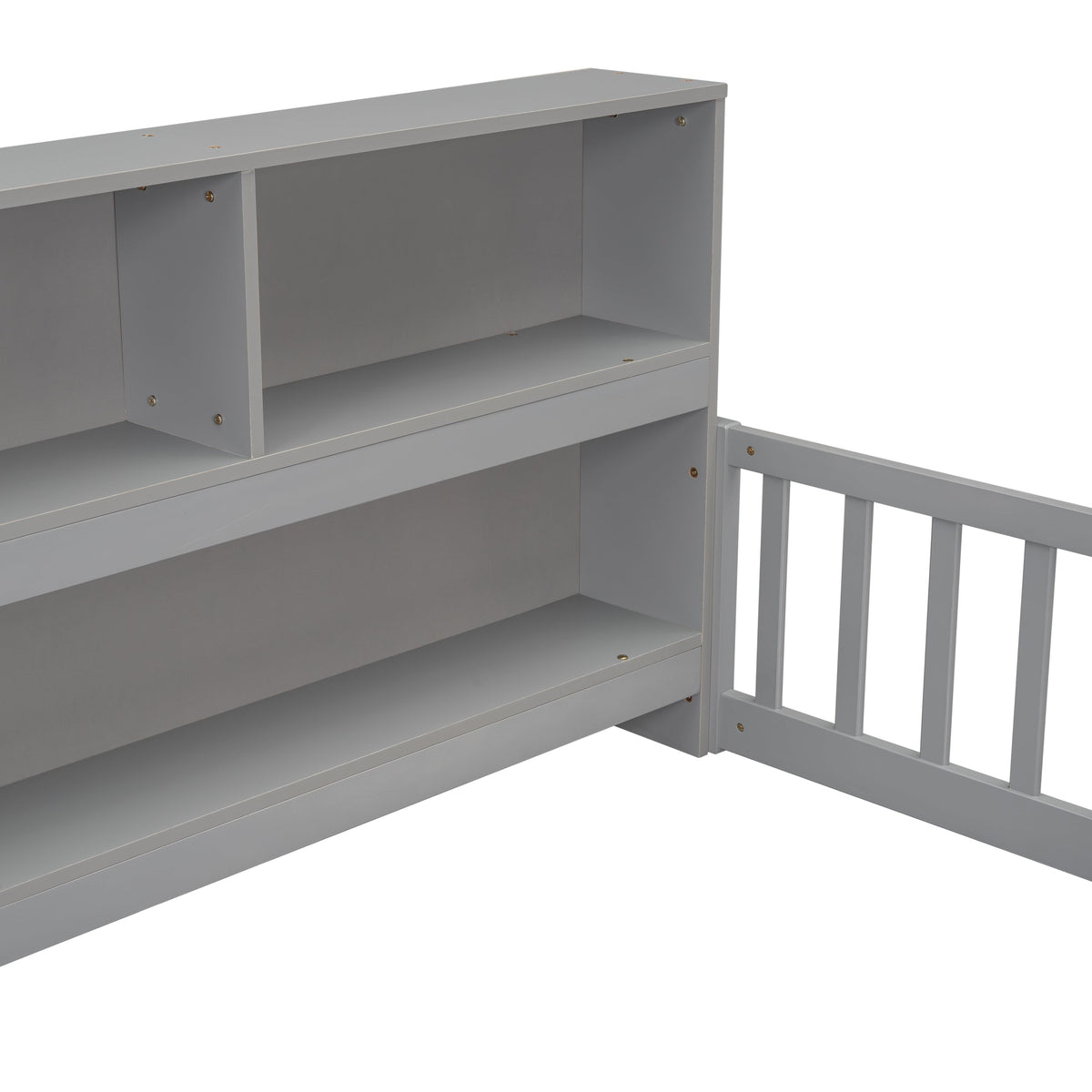 Full floor bed with side bookcase in gray finish featuring open shelves and guardrails on Tampa Home & Garden Store