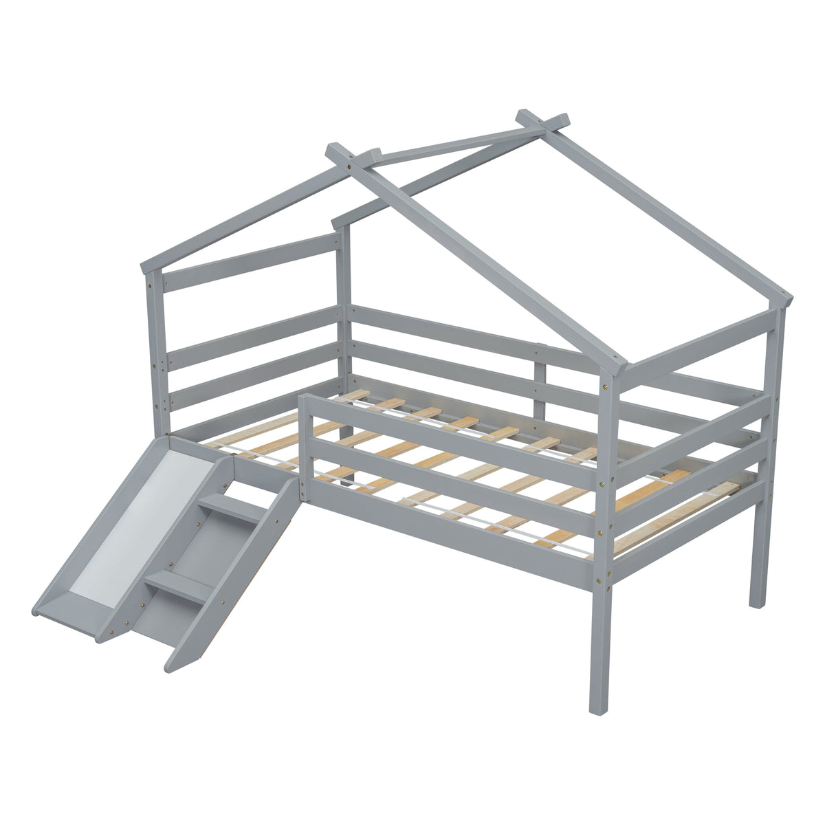 Twin Low Loft House Bed with Slide, gray wooden frame by HouseOfZazla on Tampa Home & Garden Store
