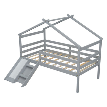 Twin Low Loft House Bed with Slide, gray wooden frame by HouseOfZazla on Tampa Home & Garden Store