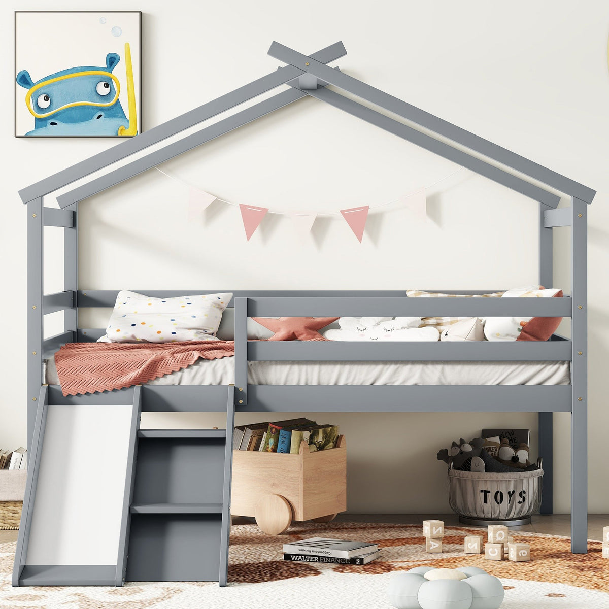 Twin low loft house bed with gray frame and ladder; storage under bed by HouseOfZazla on Tampa Home & Garden Store