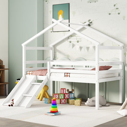Twin Low Loft House Bed with Slide by HouseOfZazla, white wooden frame with ladder on Tampa Home & Garden Store