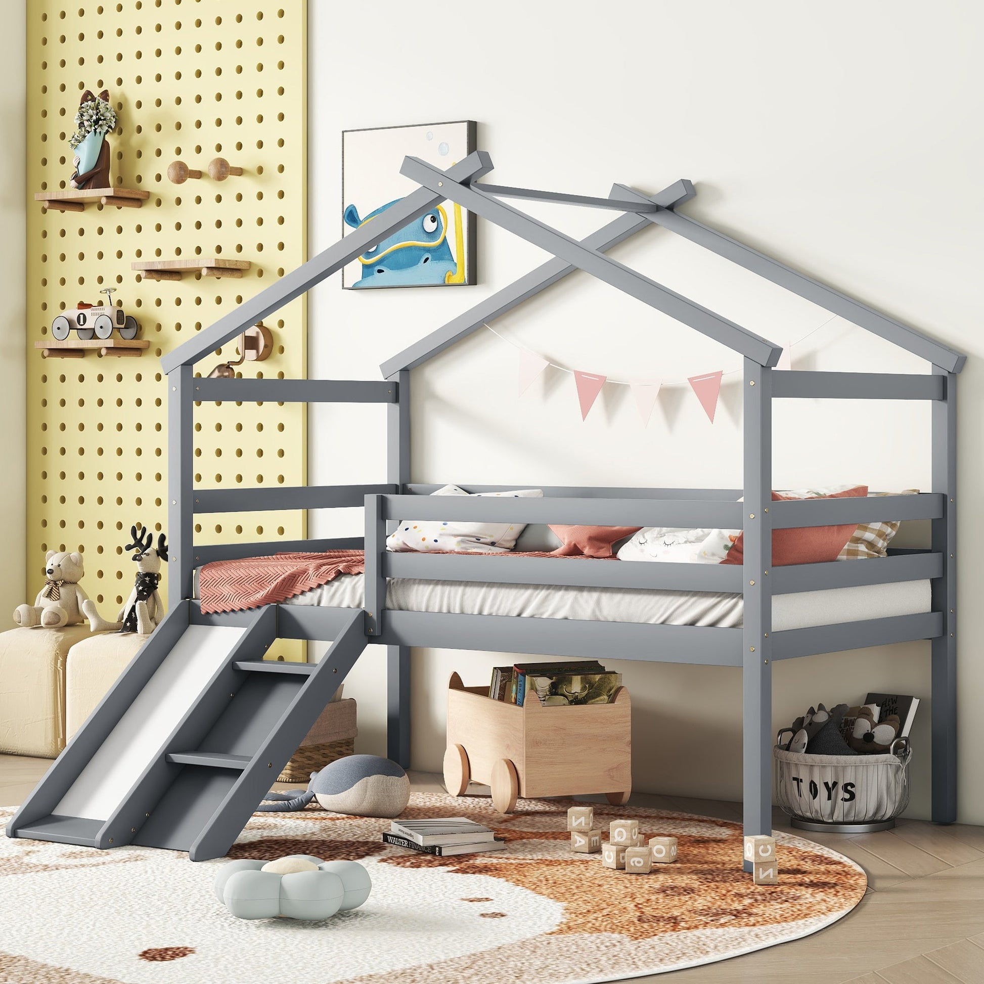 Twin Low Loft House Bed with Slide, gray wooden bed frame with built-in slide for kids on Tampa Home & Garden Store