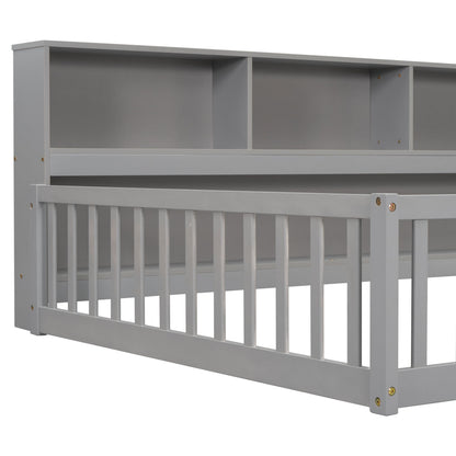 Full Floor Bed with Side Bookcase, Shelves, Guardrails by HouseOfZazla in grey finish on Tampa Home & Garden Store