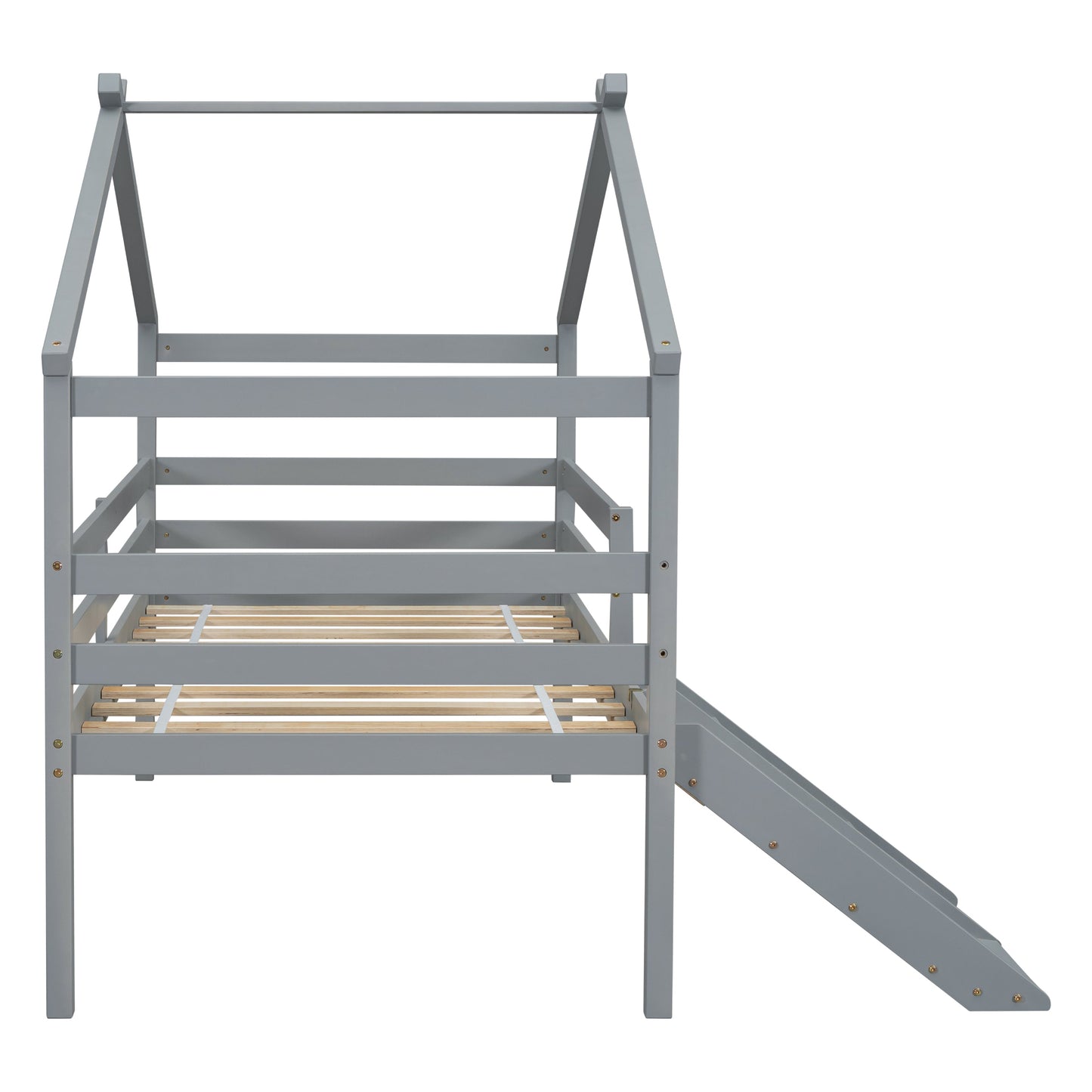 Twin Low Loft House Bed with Slide gray frame by HouseOfZazla with wood slat base on Tampa Home & Garden Store
