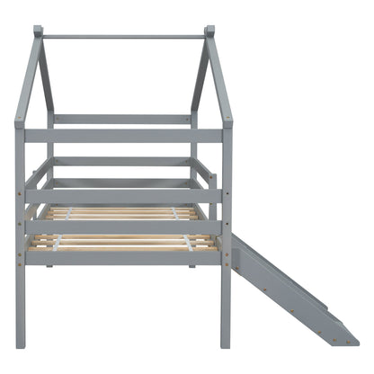Twin Low Loft House Bed with Slide gray frame by HouseOfZazla with wood slat base on Tampa Home & Garden Store