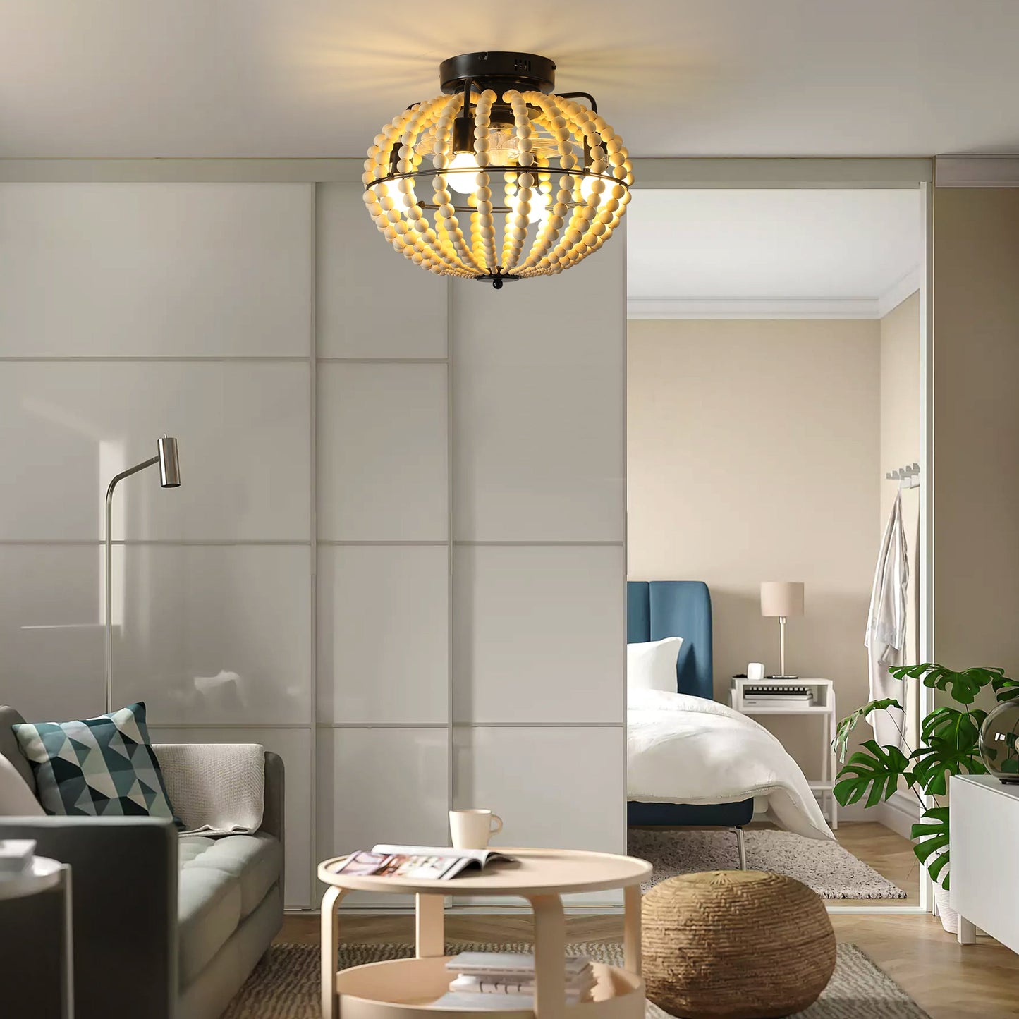 18in Bohemian Wood Beaded Ceiling Fan with Light cream bead sphere and dark metal canopy on Tampa Home & Garden Store
