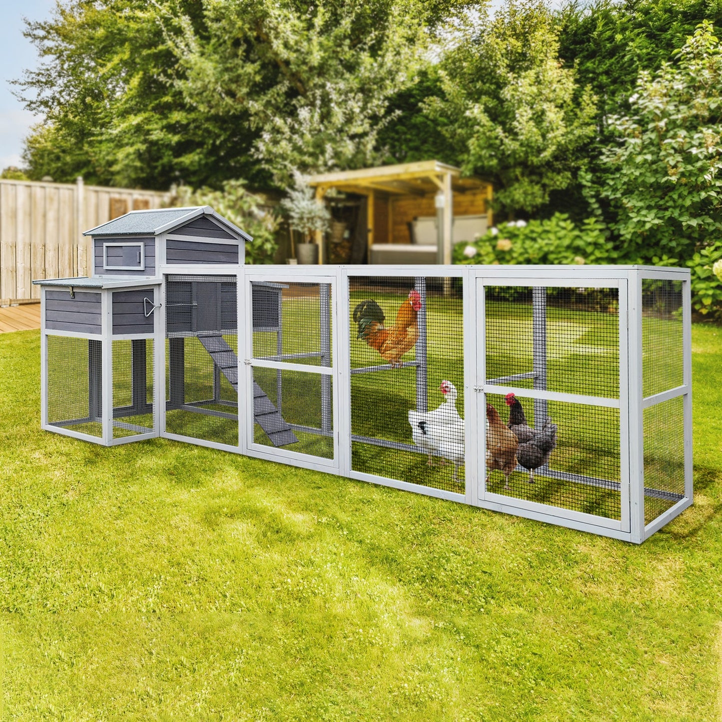 150-inch extra large wooden chicken coop with gray panels and mesh run HouseOfZazla on Tampa Home & Garden Store