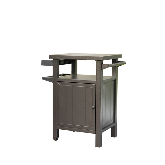 Grill Cart Outdoor with Storage and Wheels brown textured metal with cabinet storage and two shelves on Tampa Home & Garden Store