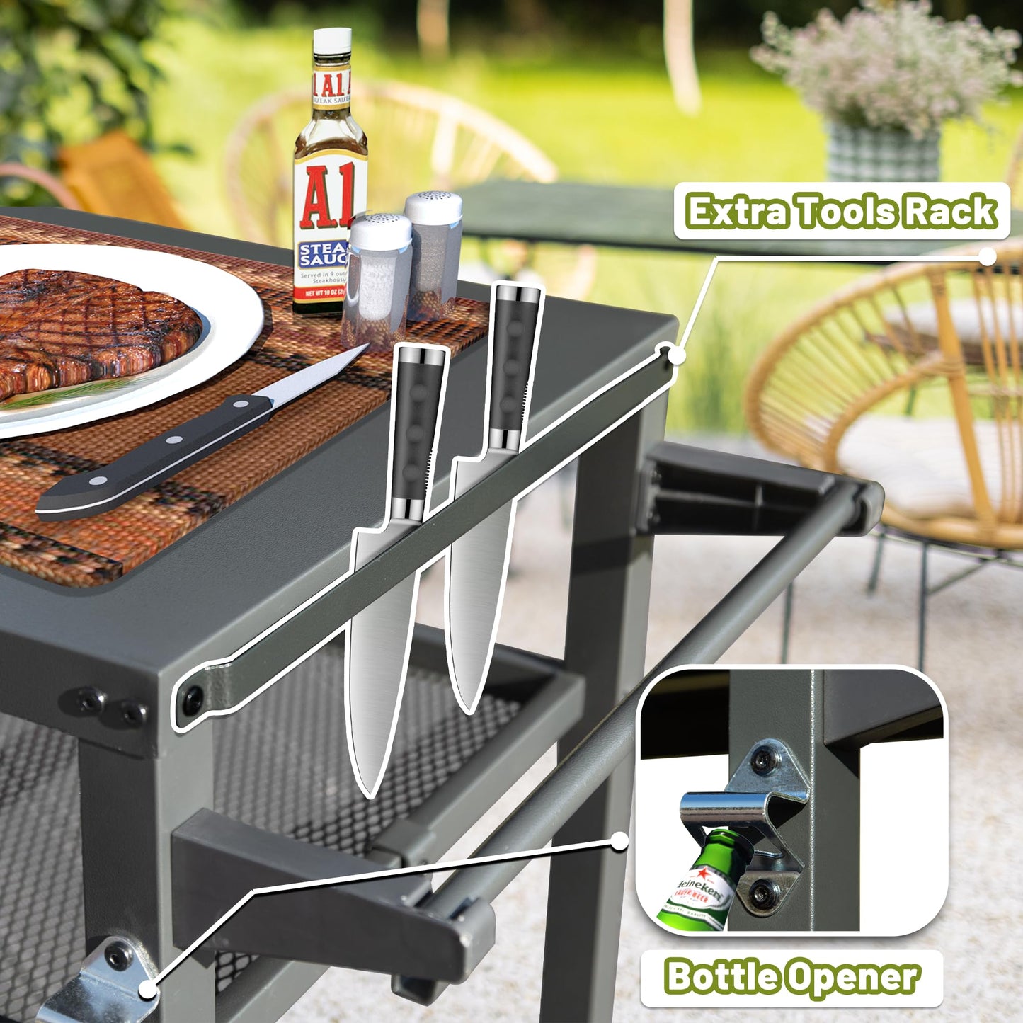 Three Shelf Outdoor Grill Table With Wheels