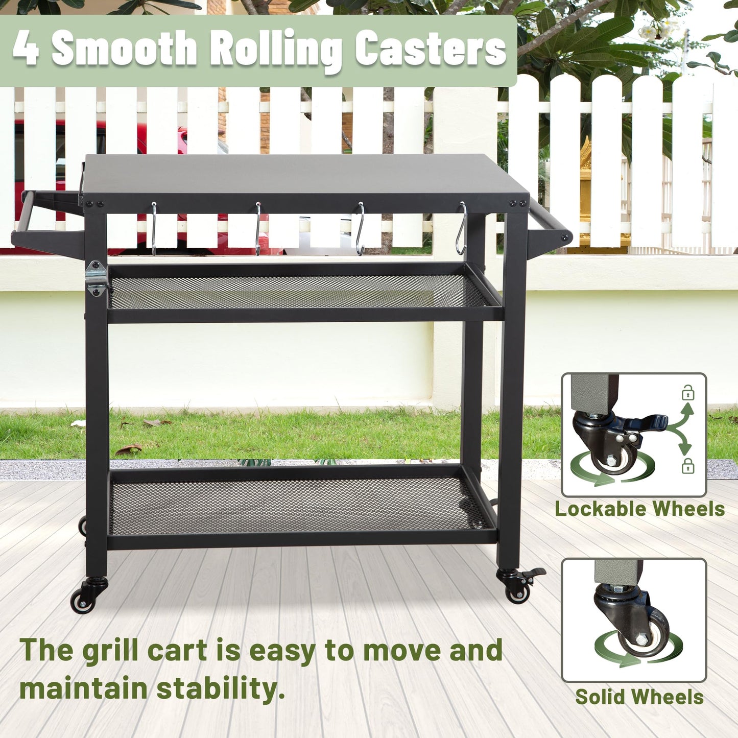 Three Shelf Outdoor Grill Table With Wheels