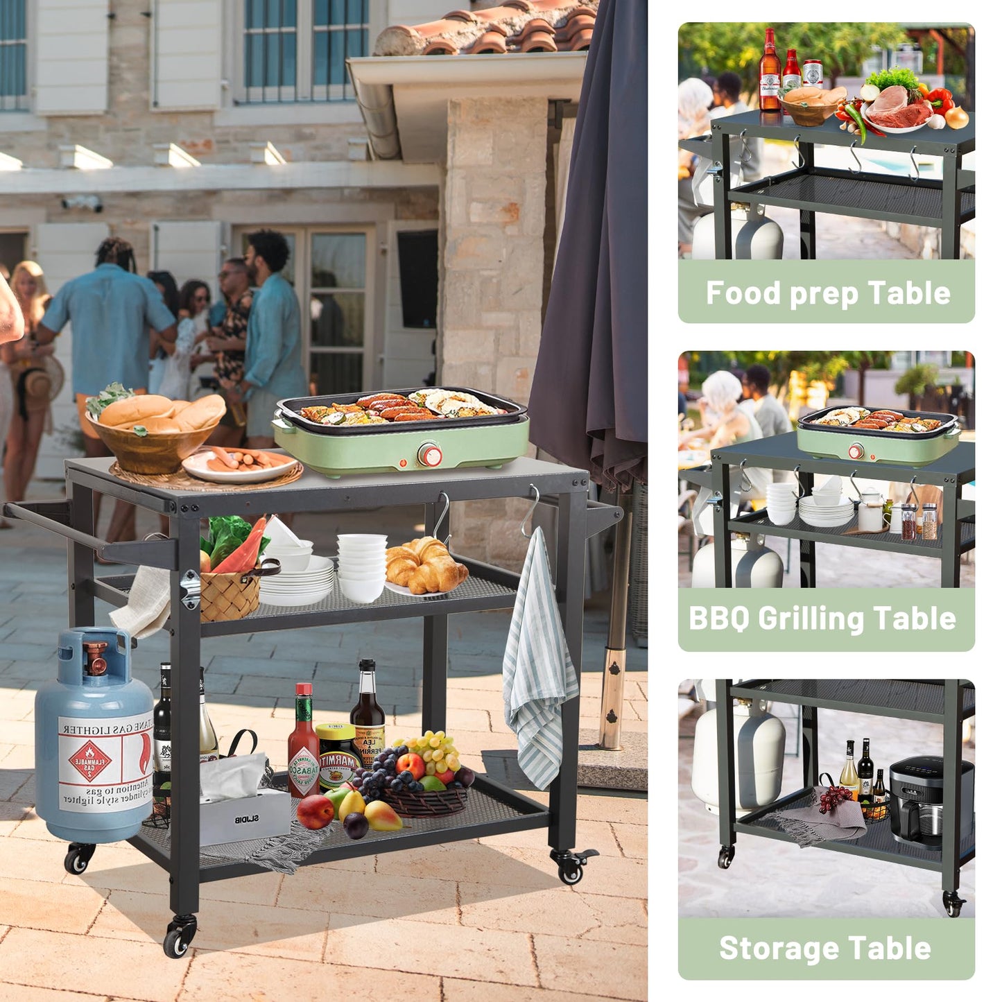 Three Shelf Outdoor Grill Table With Wheels