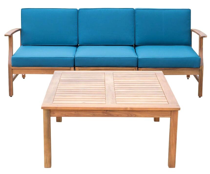 Perla Acacia Wood Outdoor 2-Piece Sofa & Table Set with blue cushions on Tampa Home & Garden Store